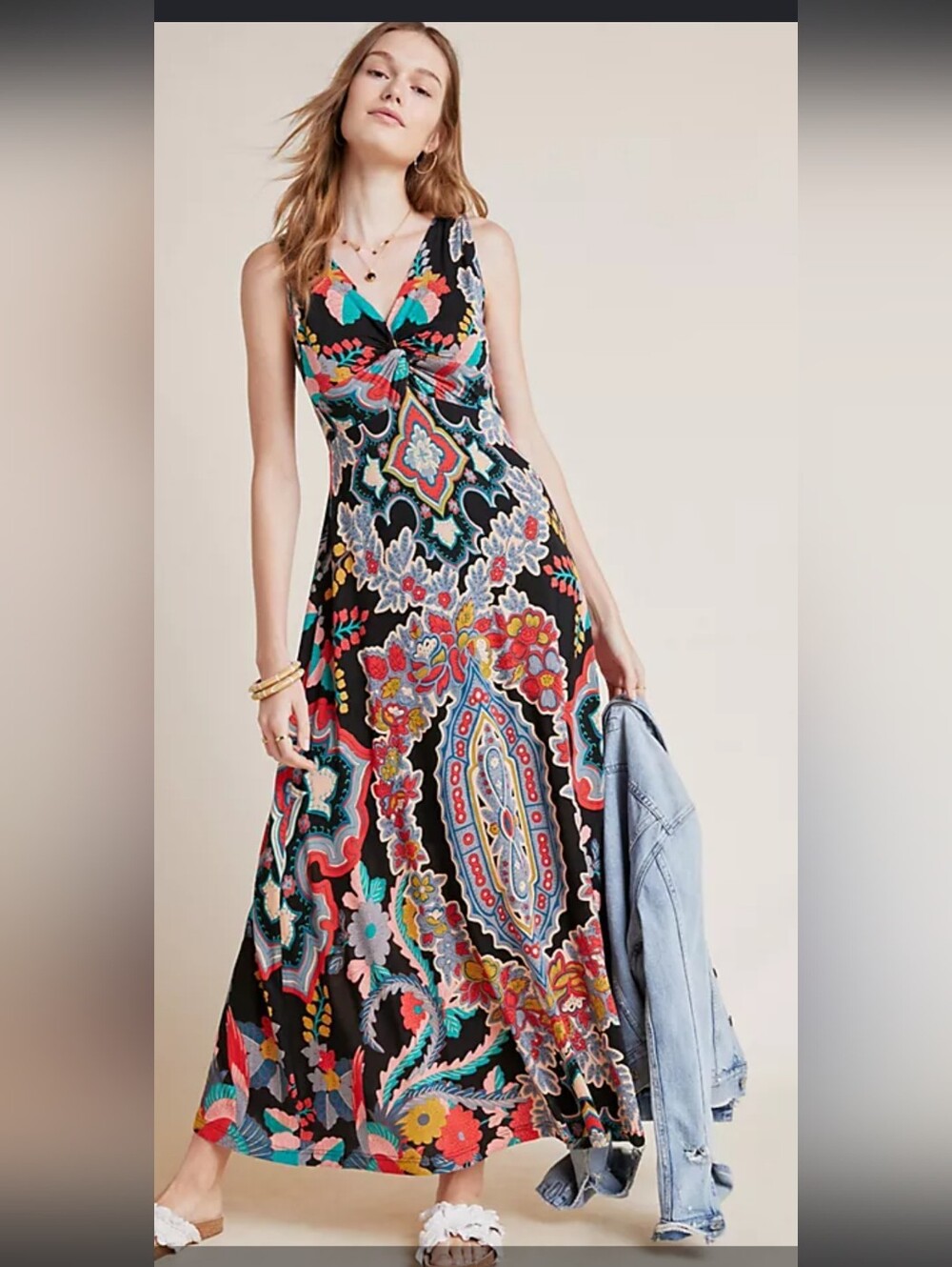 Anthropologie Maeve Cayman Black Floral Paisley Maxi  V Neck Womens S Dress
